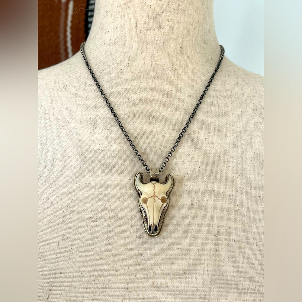 Bison Skull pendant carved ivory & silver necklace